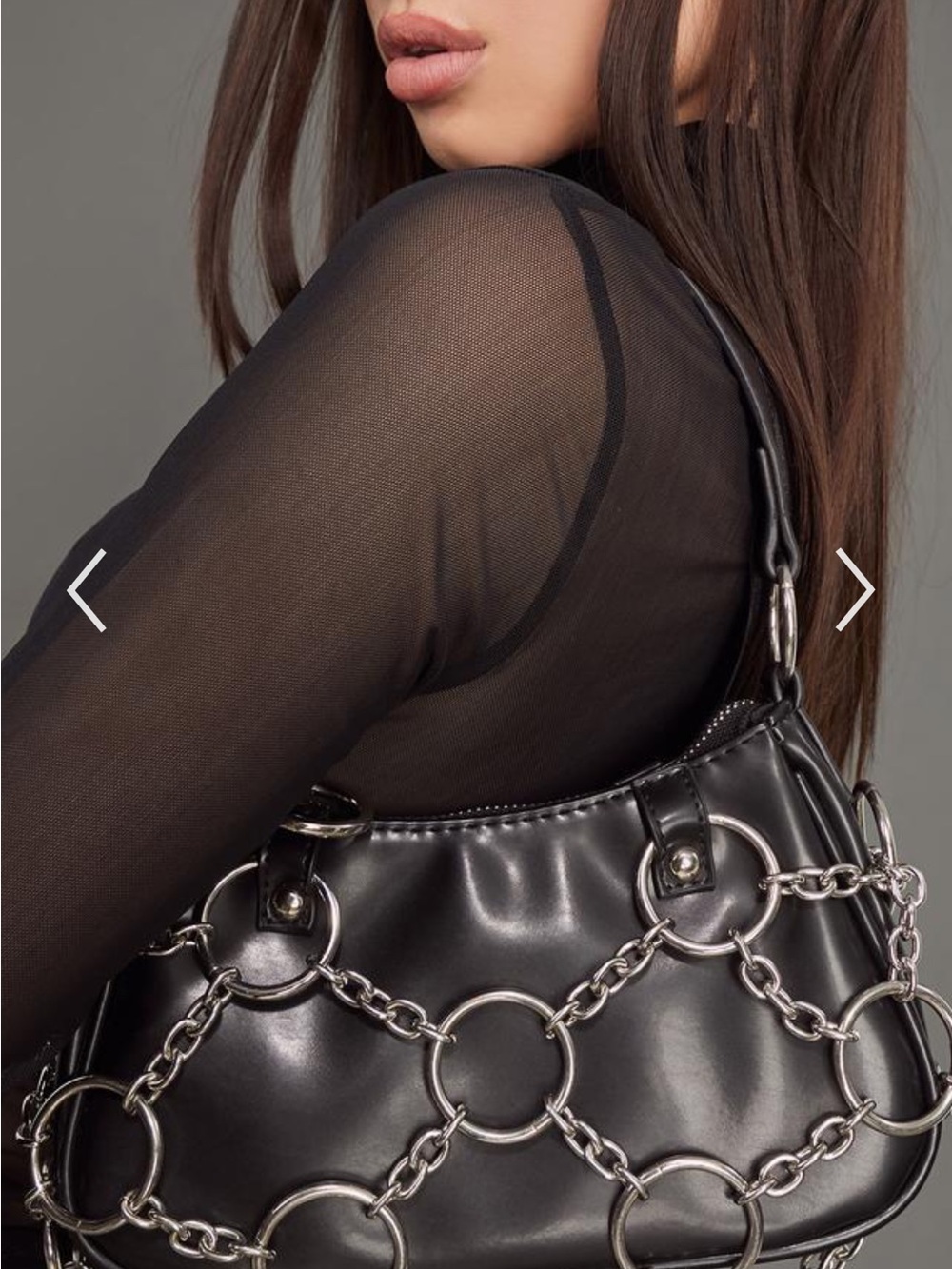 POSTER GIRL Black Shoulder Bag with Silver Chain Rings